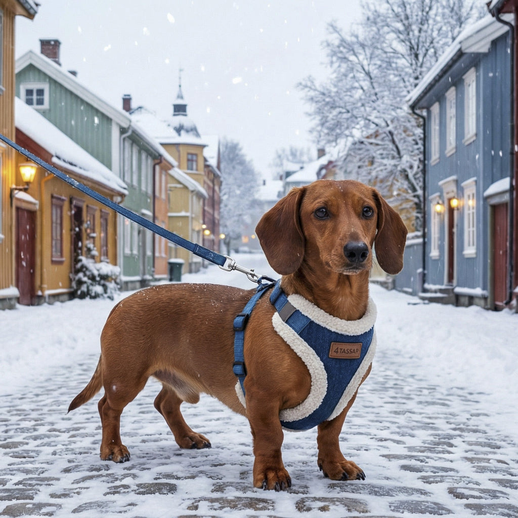 Dog on a leash in a snowy street with colorful houses.