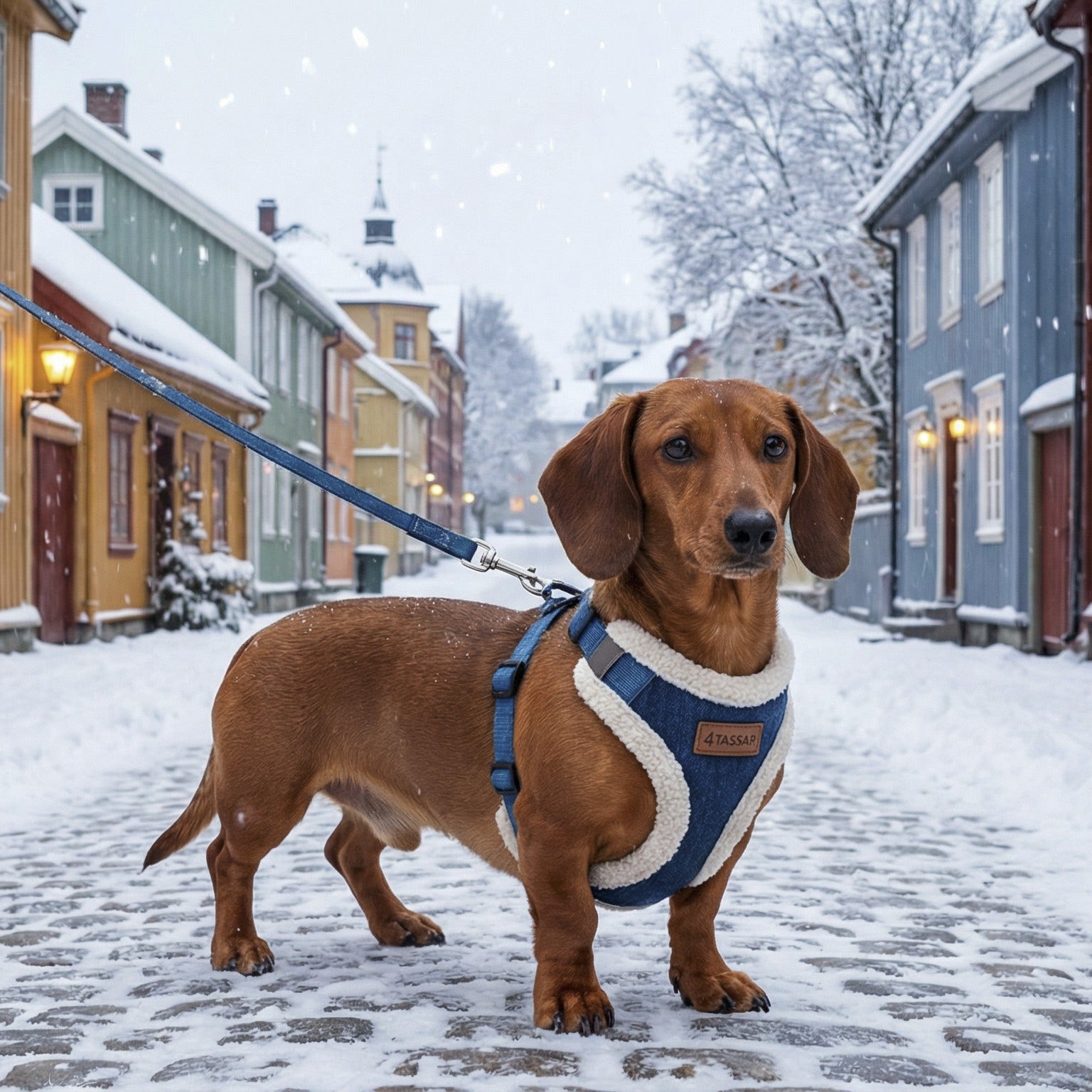 Dog on a leash in a snowy street with colorful houses.